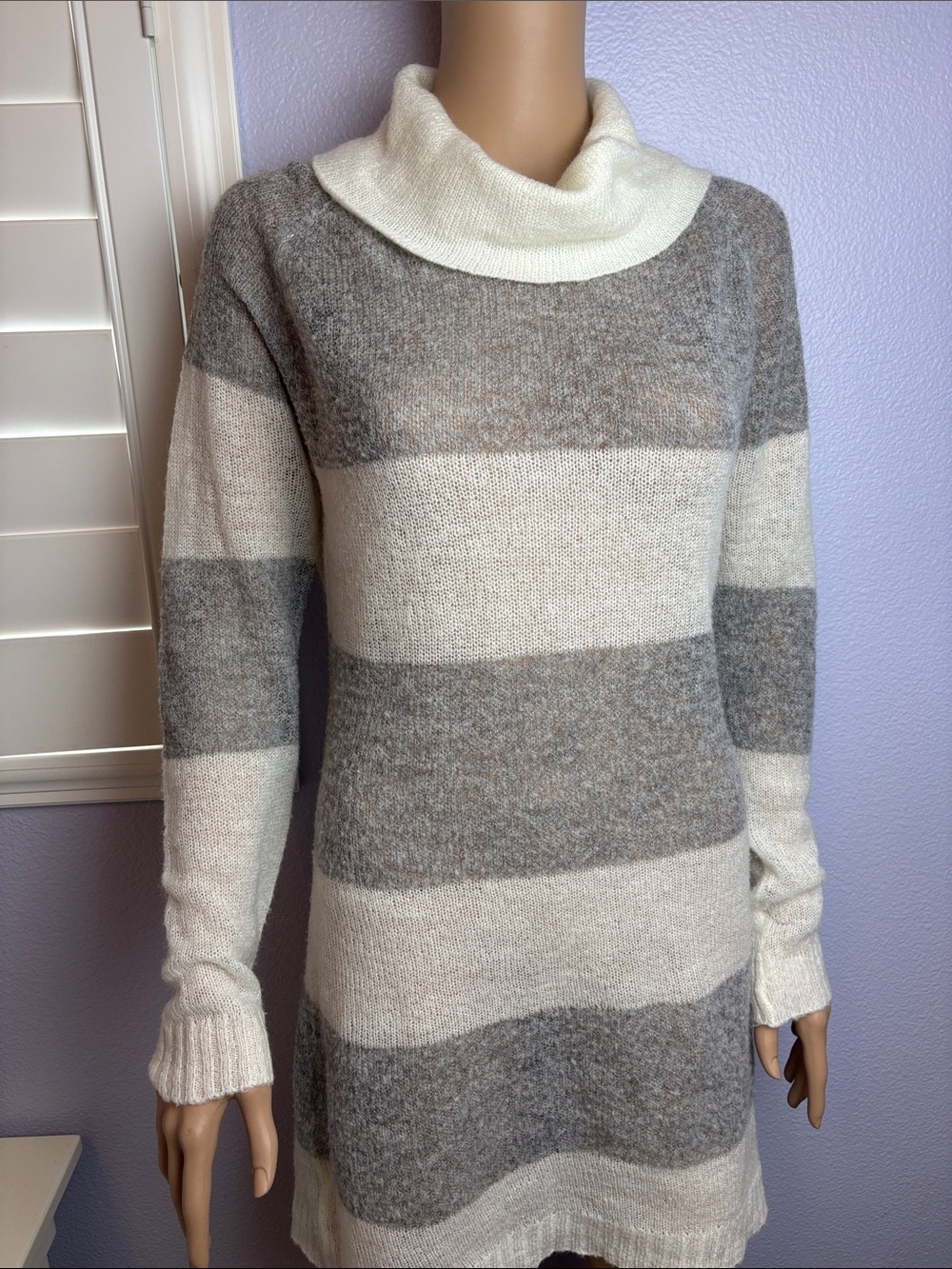 AB Studio Vintage Wool Mohair Blend Striped Cowl Neck Sweater Tunic Dress